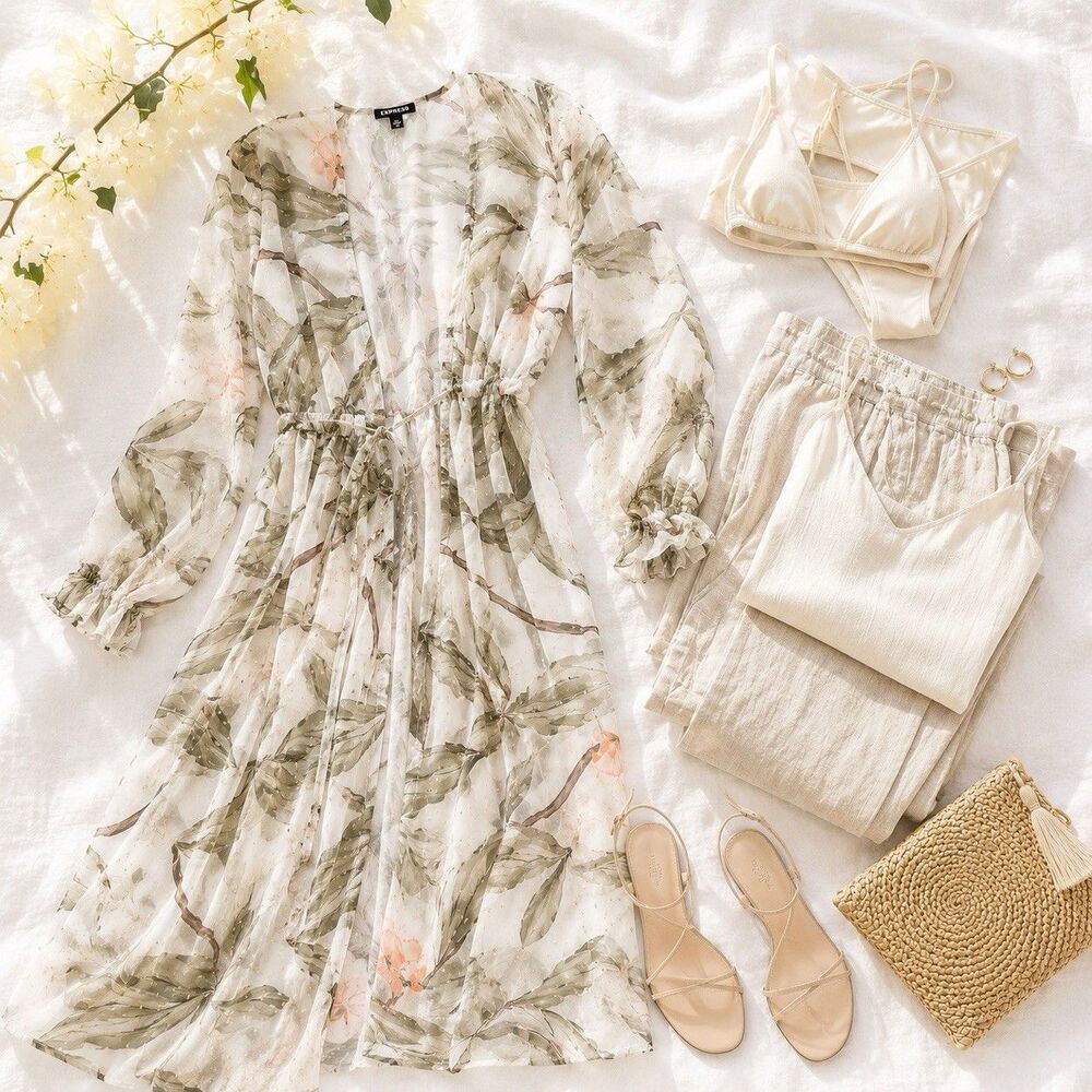 Express Sheer Botanical Swim Cover Up Kimono Tie Waist White M/L